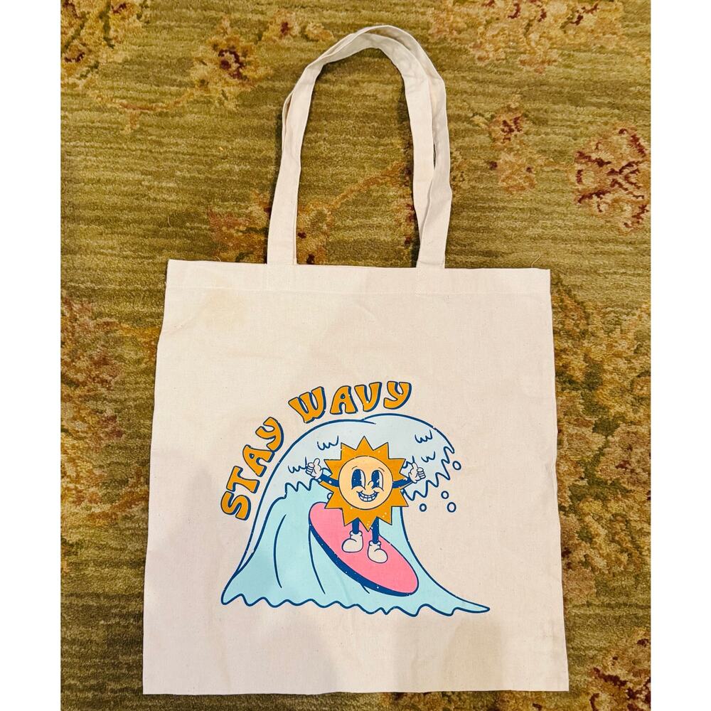 STAY WAVY Beige Cotton Canvas Mellow Positive Tote Bag NEW